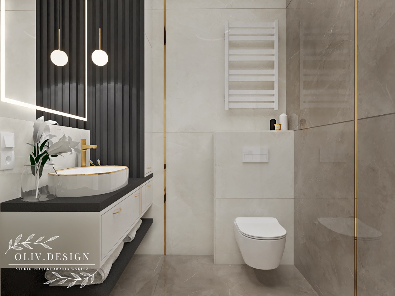 Nowoczesna łazienka z owalną umywalką na czarnym blacie, złotą armaturą, podwieszaną toaletą i grzejnikiem drabinkowym na tle marmurowych płytek z delikatnymi złotymi akcentami.