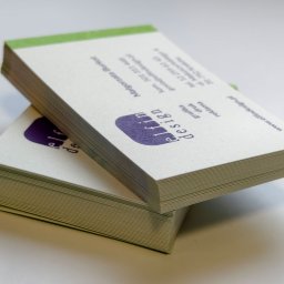 Elfin Design Sp. z o.o. - Dwa stosy wizytówek z logo 'elfin design' w kolorze fioletowym, z zielonymi brzegami, ułożone jeden na drugim na białym tle. Widoczne dane kontaktowe.