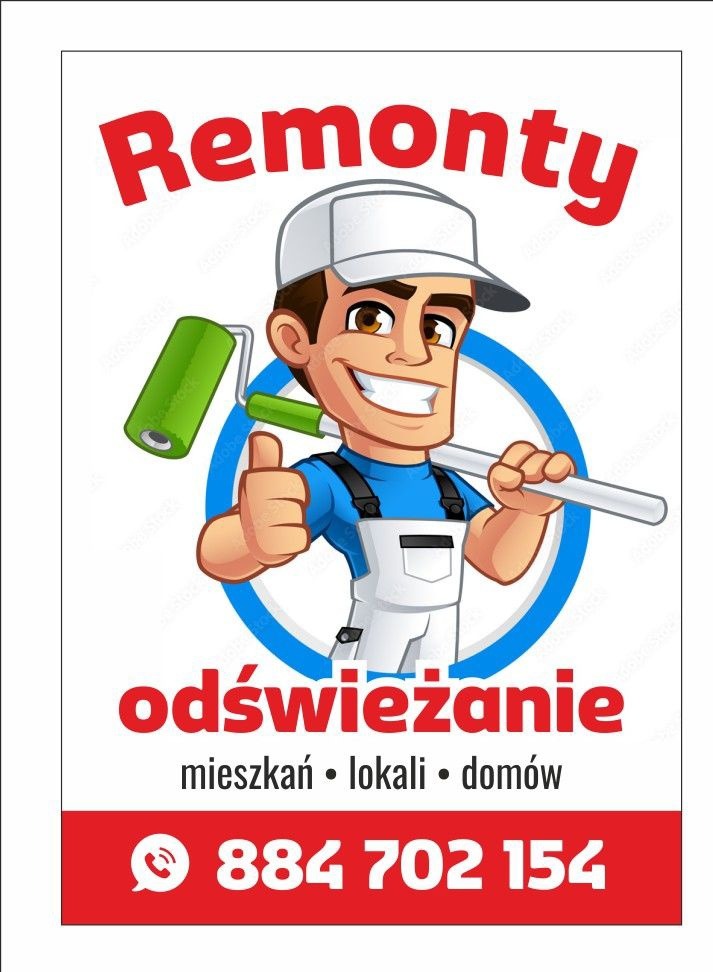 Karykatura malarza w białym kombinezonie i czapce, z wałkiem do malowania na ramieniu, prezentująca ofertę odświeżania mieszkań, lokali i domów, oraz numer telefonu.