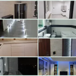 Kolaż zdjęć przedstawiający wnętrza: łazienka z kabiną prysznicową i umywalką, korytarz z oświetleniem podłogowym, łazienka z wanną jacuzzi, kuchnia z białymi szafkami i czarnym zlewem, fragment...