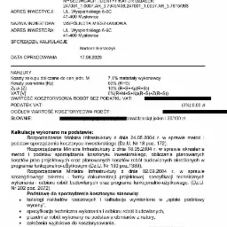 Skan dokumentu: Kosztorys inwestorski budowy wiaty śmietnikowej, zawierający informacje o nazwie inwestycji, adresie, nazwie inwestora, kosztach i podstawach kalkulacji.