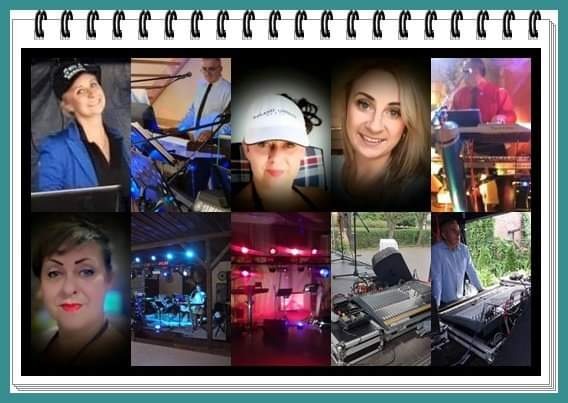 Mozaika zdjęć przedstawiająca różne osoby i sceny związane z występami muzycznymi, w tym portrety wykonawców, fragmenty występów na żywo z oświetleniem scenicznym oraz sprzęt audio.