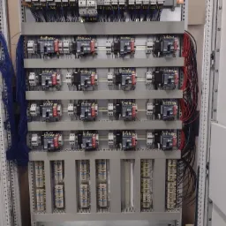 Rozdzielnica elektryczna w trakcie montażu, widoczne liczne styczniki, bezpieczniki, przewody niebieskie i czerwone, szyny montażowe oraz uziemienie.