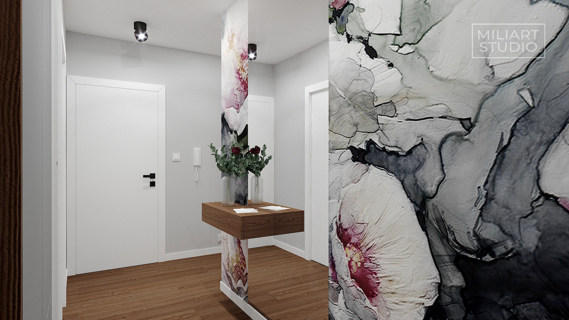 Wnętrze mieszkania: przedpokój z drewnianą podłogą, białe drzwi, konsola z kwiatami i dekoracyjna kolumna z motywem kwiatowym, oświetlenie punktowe.