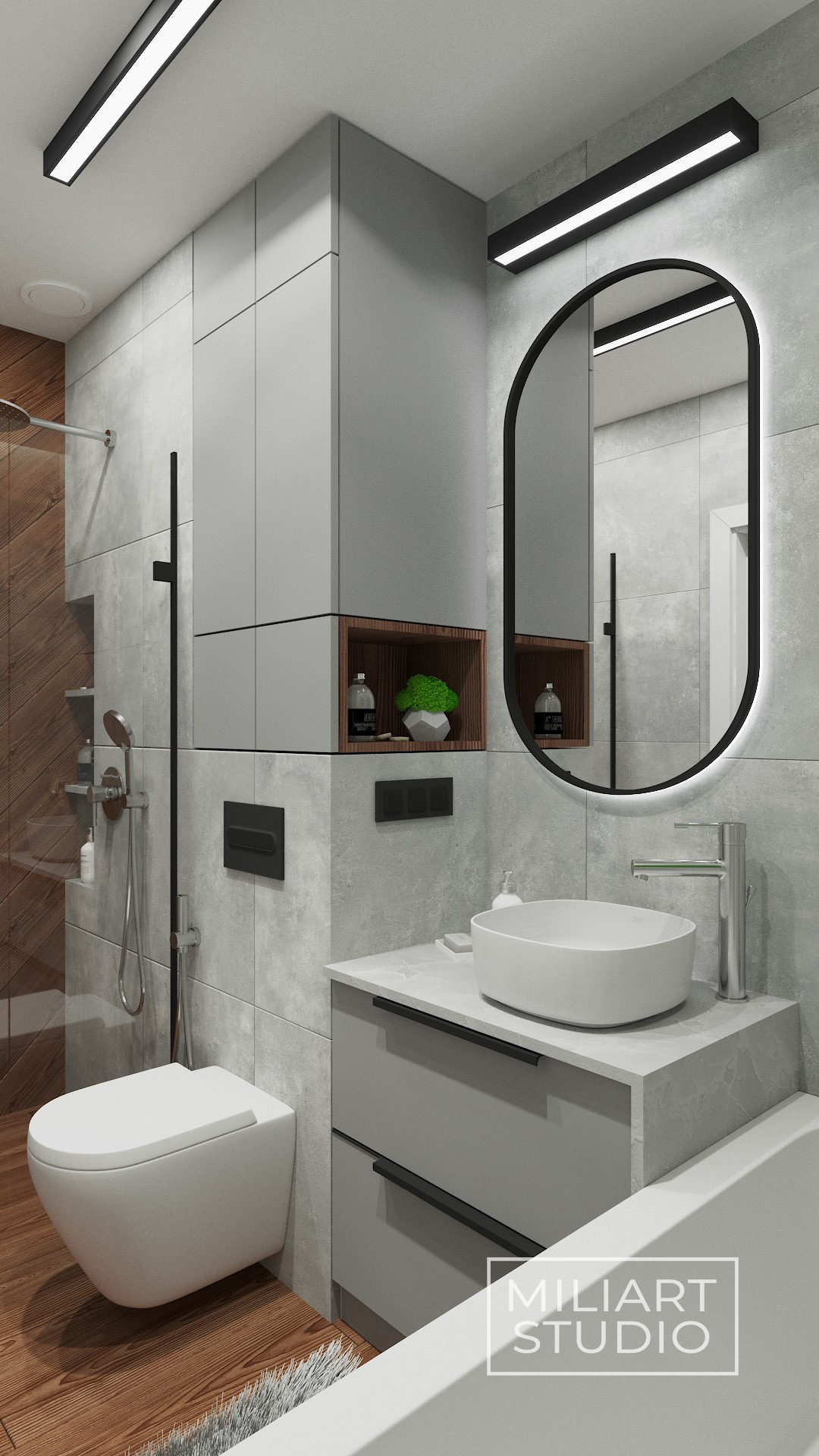 Nowoczesna łazienka z szarą armaturą, owalnym lustrem z podświetleniem LED, drewnianymi akcentami w kabinie prysznicowej i na półce, oraz białą umywalką nablatową.