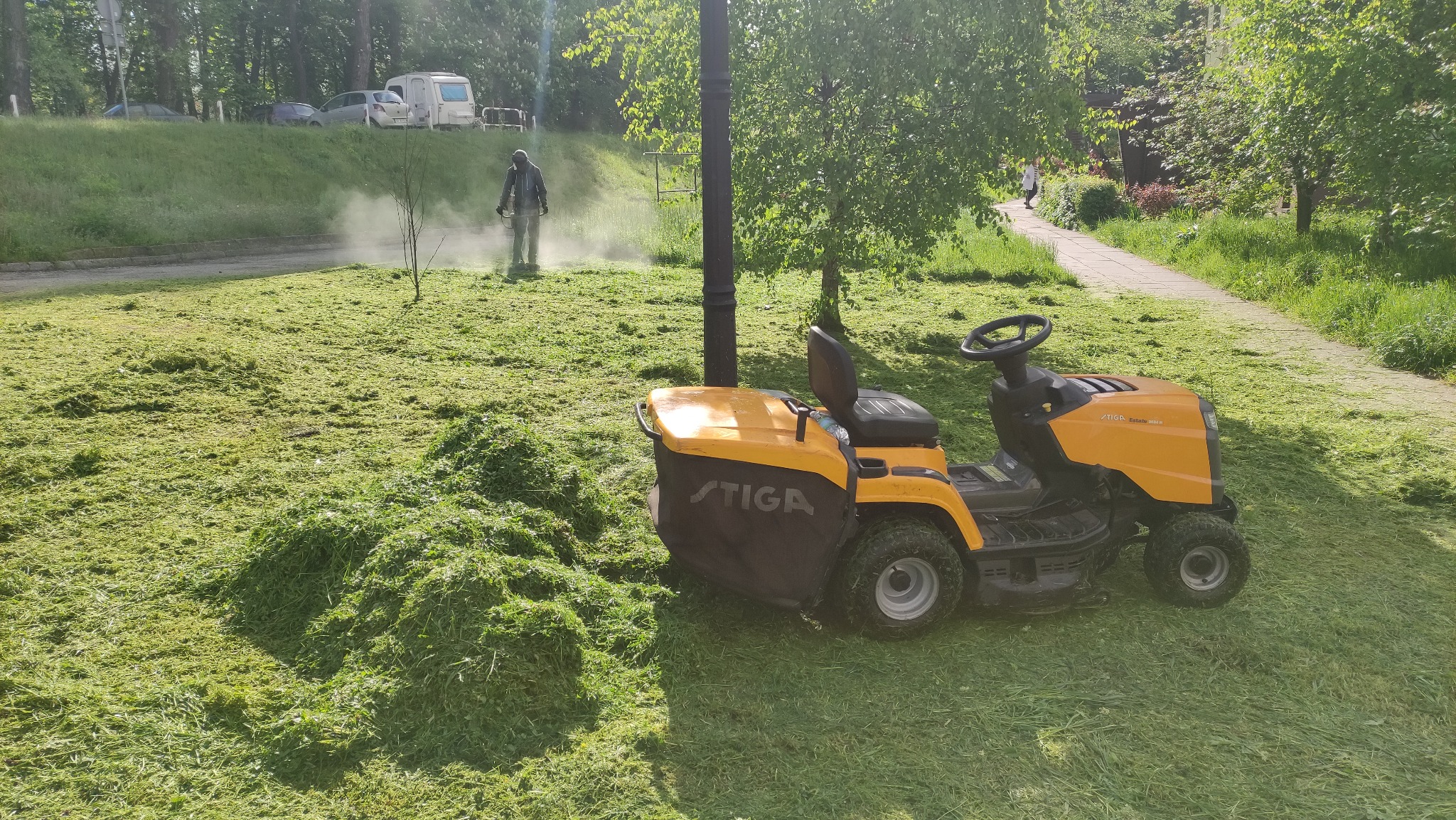 Żółta kosiarka traktorowa STIGA na trawniku pokrytym świeżo skoszoną trawą, w tle osoba z podkaszarką usuwająca resztki trawy w trudno dostępnych miejscach.