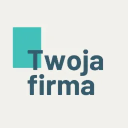 Minimalistyczne logo: turkusowy kwadrat w lewym górnym rogu i napis 'Twoja firma' w odcieniach granatu na jasnobeżowym tle.
