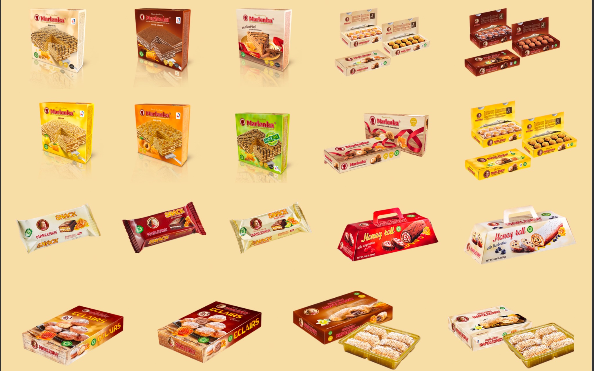 Zestaw opakowań różnych ciastek i tortów miodowych marki Marlenka, w tym wafle, rolady, eklery i ciastka w pudełkach i folii, z różnymi smakami i nadzieniami, prezentowane na jednolitym tle.