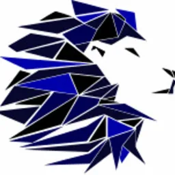 Stylizowana głowa lwa w odcieniach granatu i czerni, złożona z trójkątnych płaszczyzn, na białym tle. Grafika w stylu geometrycznym.