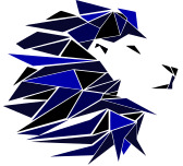 Stylizowana głowa lwa w odcieniach granatu i czerni, złożona z trójkątnych płaszczyzn, na białym tle. Grafika w stylu geometrycznym.