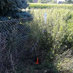 Tyczenie działki: pomarańczowy palik wbity w ziemię, widoczny za metalową siatką ogrodzeniową i bujną roślinnością, w tle pole uprawne.