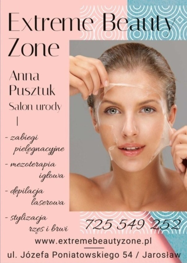 Kobieta z delikatnym uśmiechem usuwa przezroczystą maskę z twarzy, odsłaniając świeżą skórę. Widoczny napis 'Extreme Beauty Zone' i lista zabiegów pielęgnacyjnych.