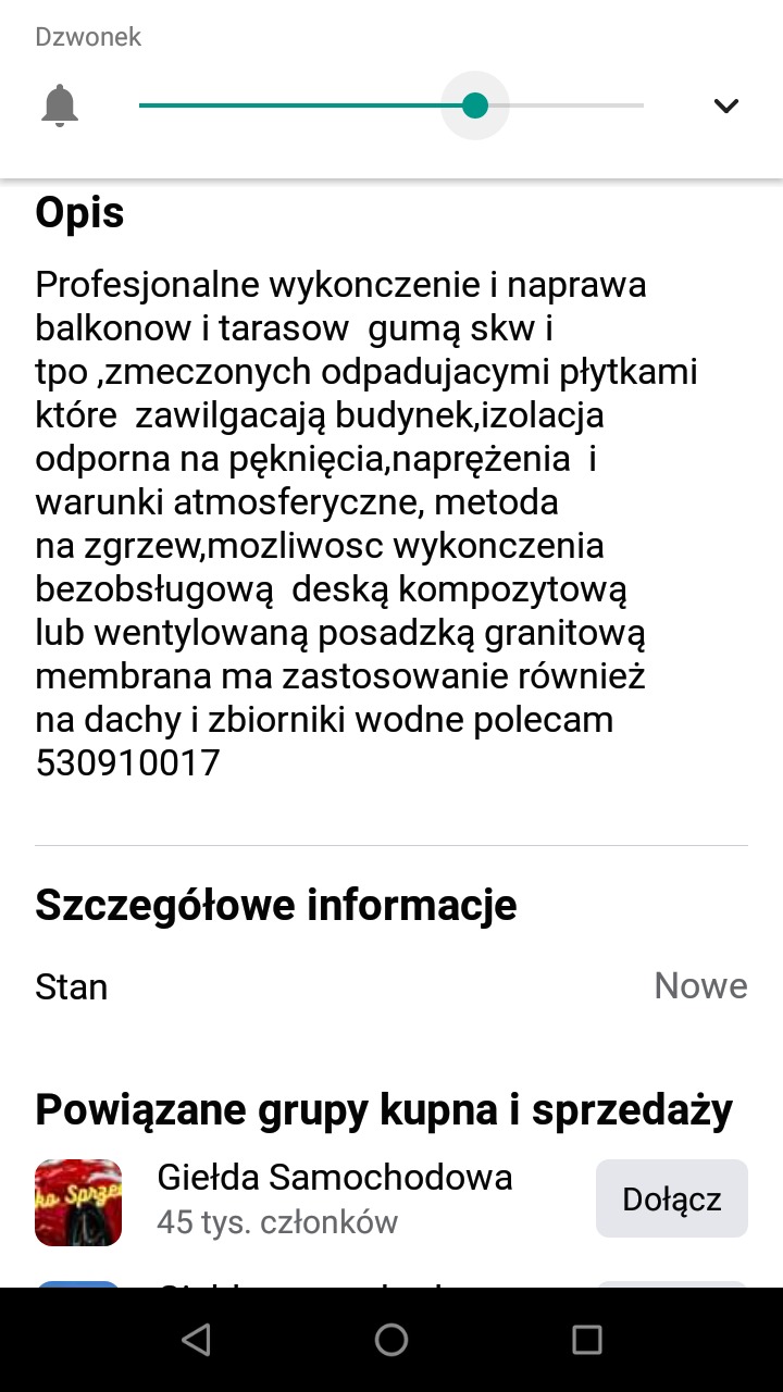 Tekst ogłoszenia o profesjonalnym wykończeniu i naprawie balkonów i tarasów z użyciem gumy SKW i TPO, dla zniszczonych, odpadających płytek. Oferta izolacji odpornej na pęknięcia i warunki...