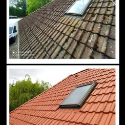 Sytuacja Renowacja - Porównanie dachu przed i po czyszczeniu: górna część zdjęcia ukazuje dachówkę pokrytą mchem i zabrudzeniami, a dolna część prezentuje czystą, czerwoną dachówkę z oknem dachowym odbijającym niebo.
