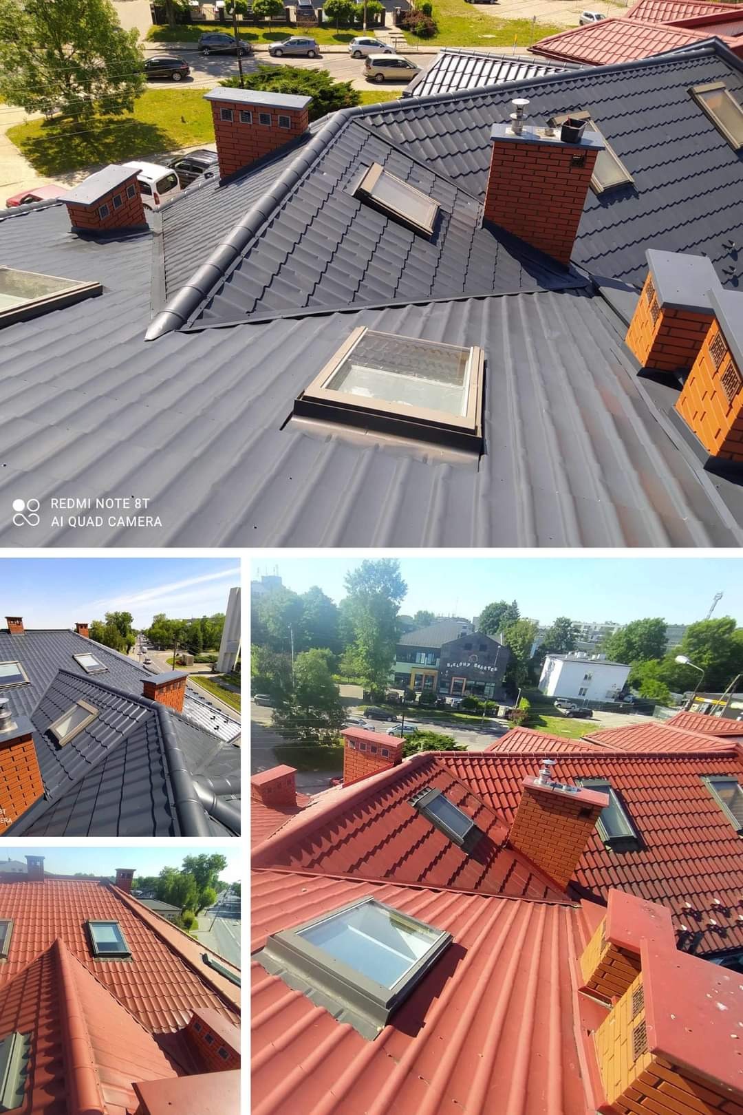 Widok z góry na dwa dachy z dachówką, jeden w kolorze grafitowym z ceglanymi kominami i oknami dachowymi, drugi w kolorze czerwonym, również z ceglanymi kominami i oknami dachowymi, w tle zabudowa...