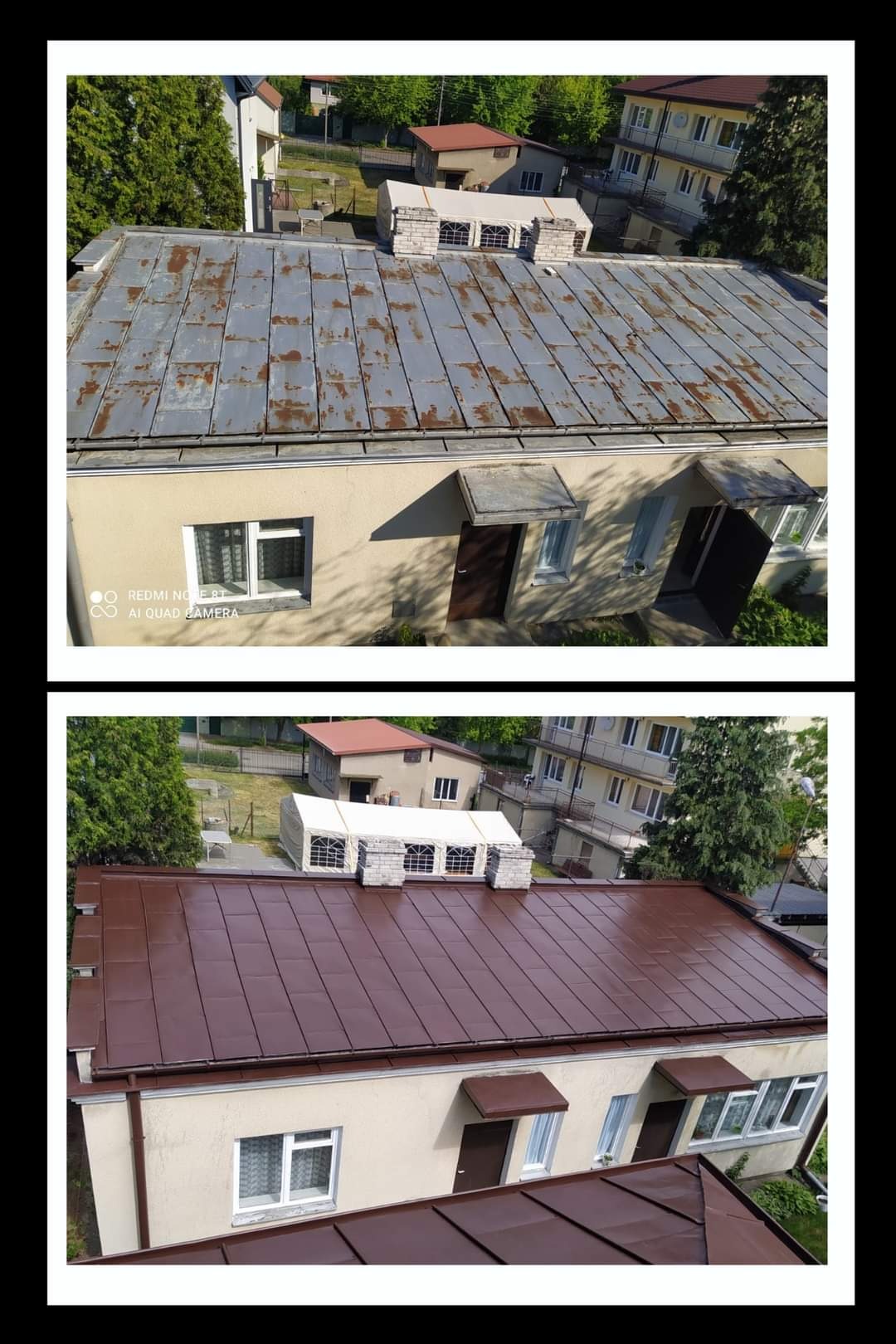 Porównanie stanu dachu przed i po renowacji: skorodowany, metalowy dach przed naprawą i nowy, brązowy dach po remoncie, widok z góry.