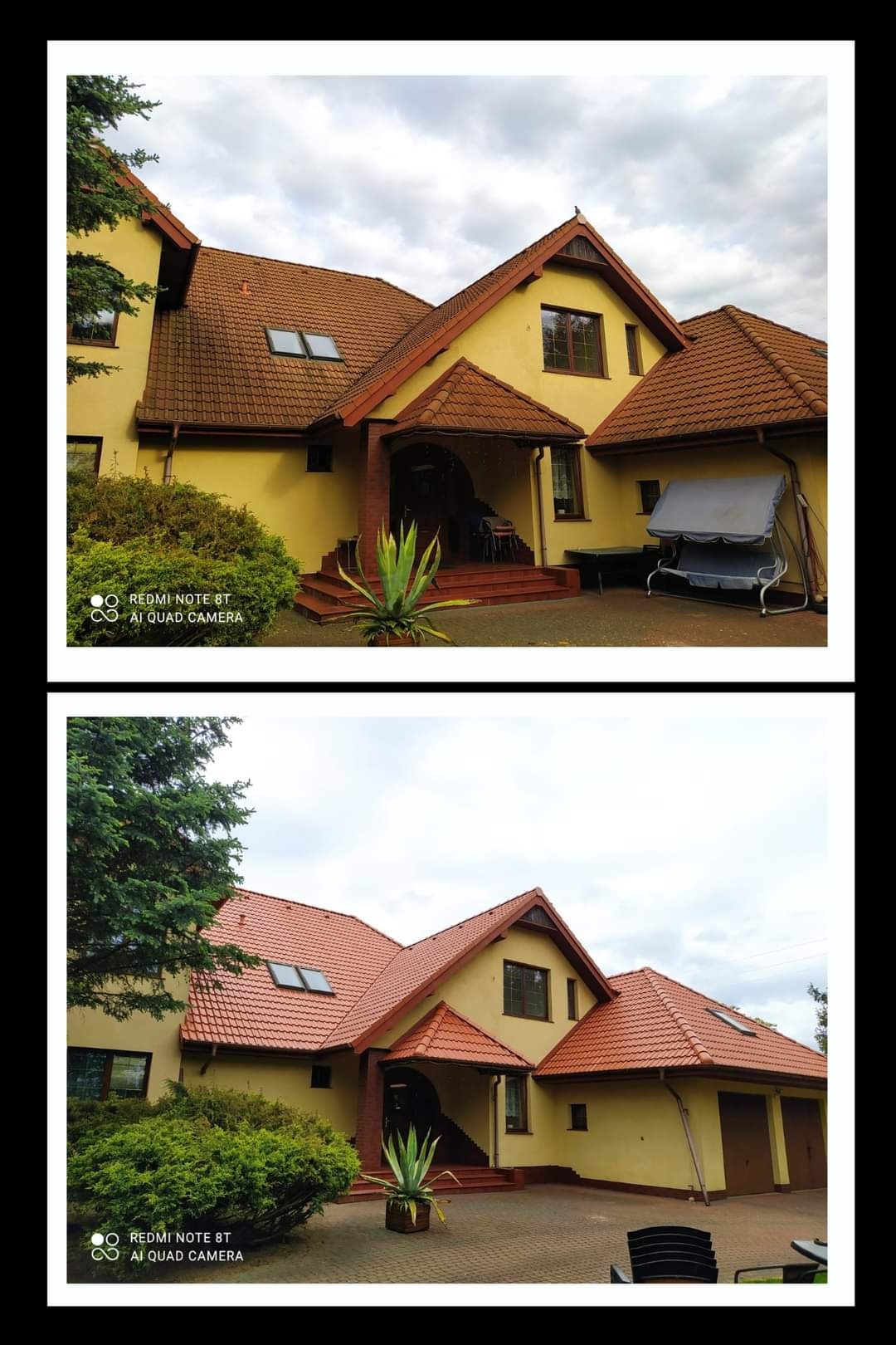 Widok z zewnątrz na duży, dwupiętrowy dom z brązowym dachem i żółtą elewacją, z widoczną roślinnością przed budynkiem i elementami architektury ogrodowej.