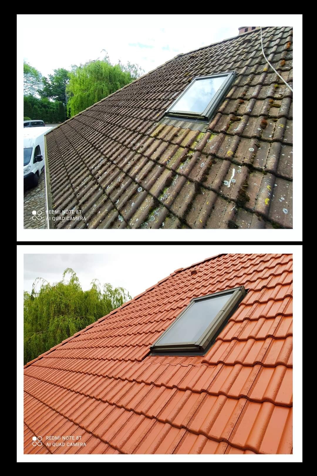 Porównanie dachu przed i po czyszczeniu: górna część zdjęcia ukazuje dachówkę pokrytą mchem i zabrudzeniami, a dolna część prezentuje czystą, czerwoną dachówkę z oknem dachowym odbijającym niebo.