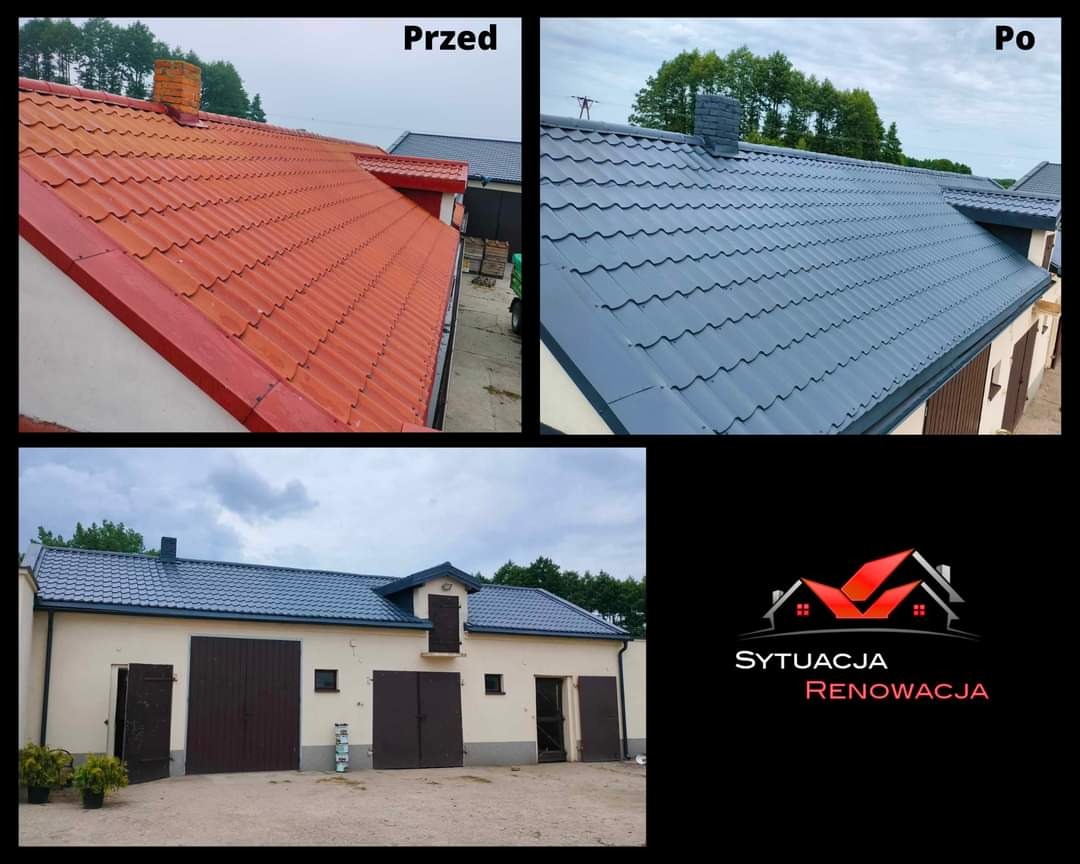 Porównanie dachu przed i po renowacji: czerwona dachówka przed, szara dachówka po; dodatkowo widok budynku z nowym dachem i logo firmy 'Sytuacja Renowacja'.