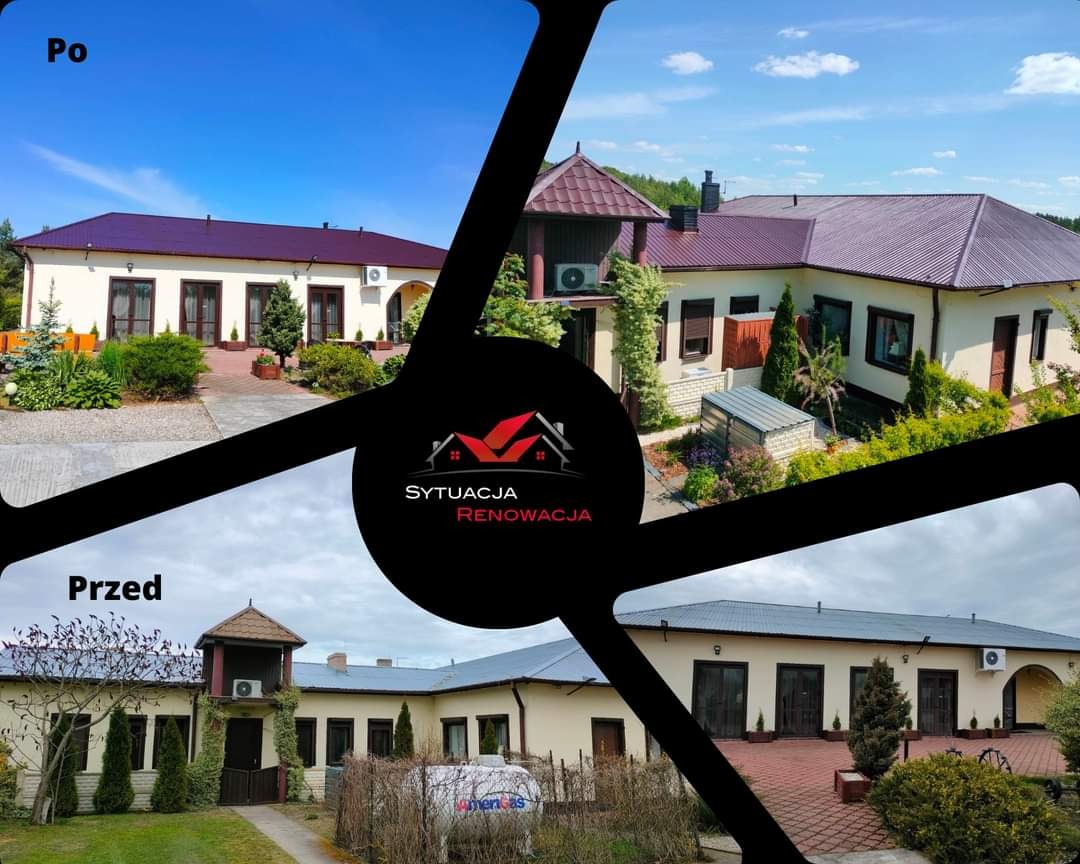 Porównanie stanu dachu domu jednorodzinnego przed i po renowacji, uwzględniające zmianę koloru i poprawę estetyki, z widocznym logo firmy w centralnej części kadru.