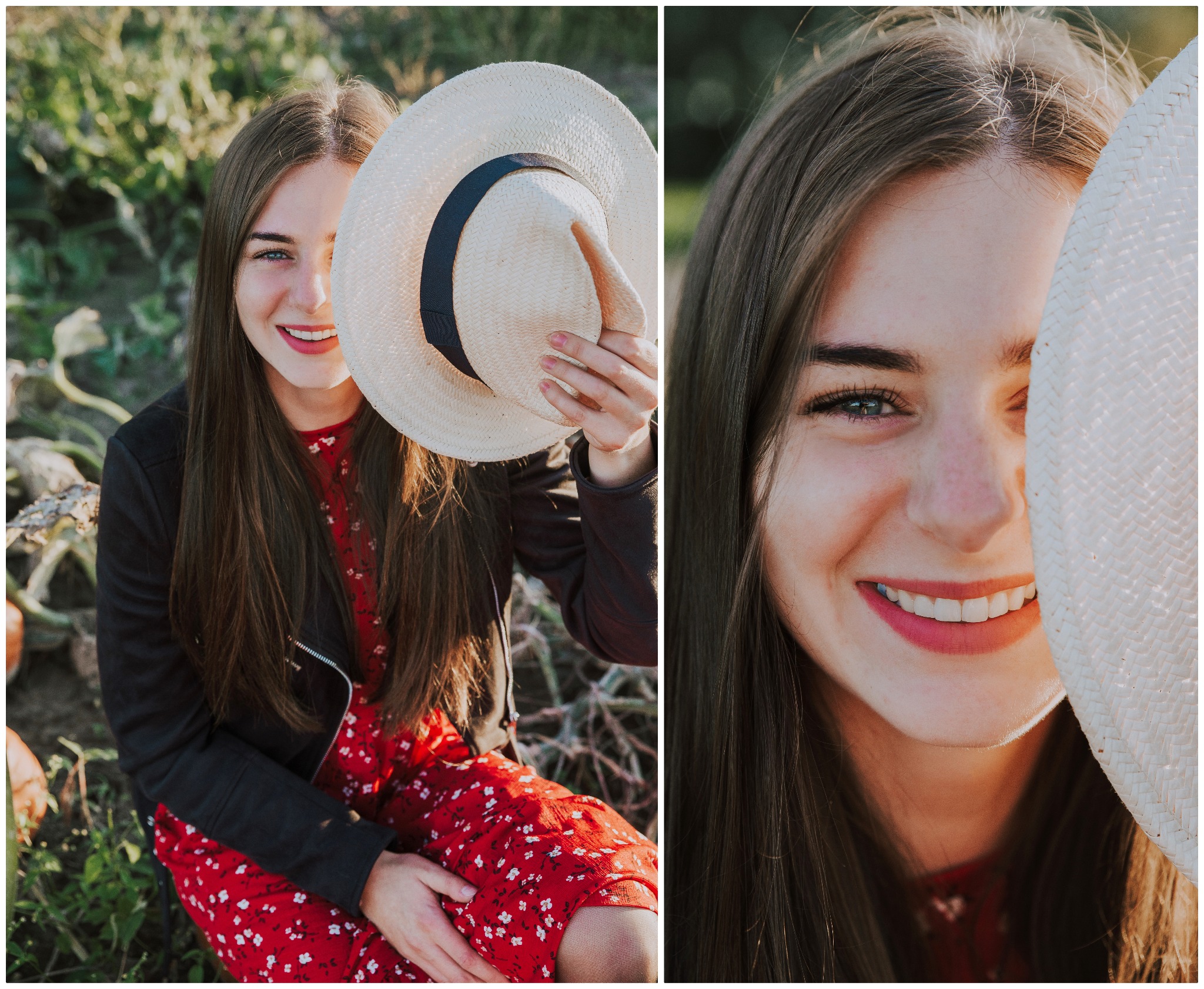 Portret uśmiechniętej młodej kobiety w czerwonej sukience i czarnej kurtce, trzymającej słomkowy kapelusz z czarną wstążką na tle roślinności.