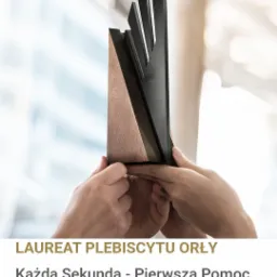 Dłonie trzymające statuetkę konkursu 'Orły' dla firmy Każda Sekunda, specjalizującej się w pierwszej pomocy i BHP, z widocznymi oznaczeniami lat 2020 i 2021.