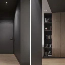 Wnętrze korytarza z szarą kolorystyką ścian, drewnianą podłogą i zabudowaną szafą z półkami na książki oraz zamykanymi szafkami z drewnianymi frontami.