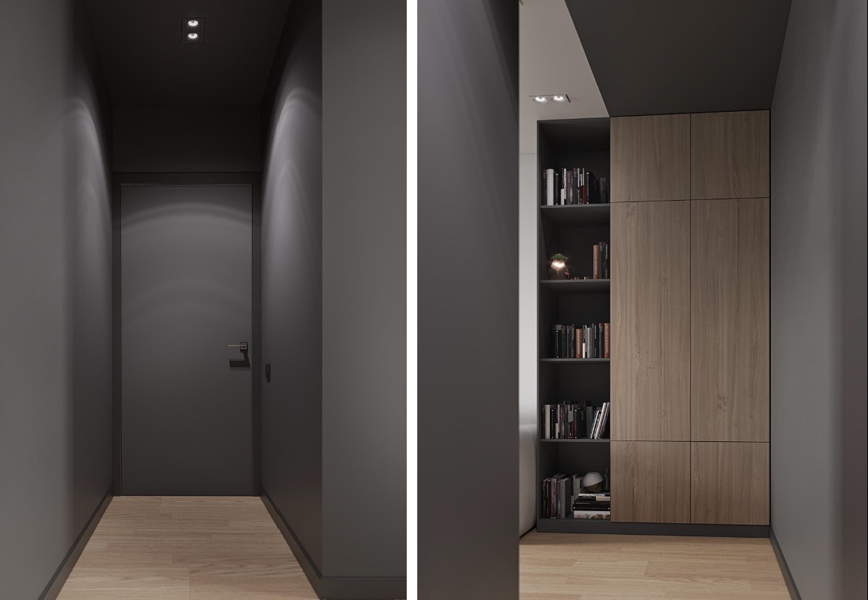 Wnętrze korytarza z szarą kolorystyką ścian, drewnianą podłogą i zabudowaną szafą z półkami na książki oraz zamykanymi szafkami z drewnianymi frontami.