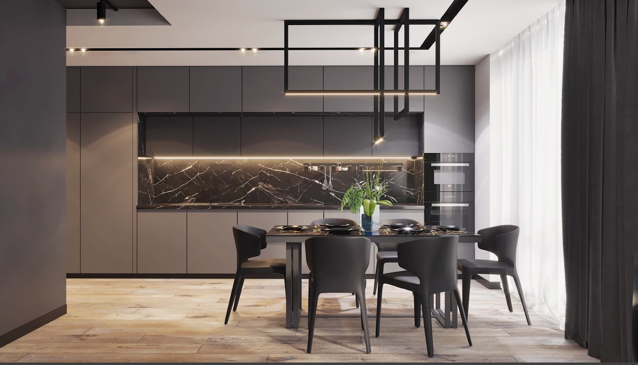 Nowoczesna jadalnia w odcieniach szarości z marmurowym blatem kuchennym, minimalistycznym oświetleniem i drewnianą podłogą.