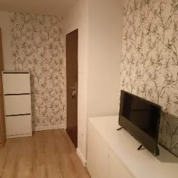 Pokój z tapetą w motywy drzewne, białą komodą z telewizorem, szafką na buty i panelami podłogowymi w odcieniach drewna.