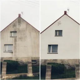 Porównanie elewacji budynku przed i po myciu, widoczne różnice w czystości ścian, zarysowane kontrasty na białej fasadzie, zieleń krzewów przy ogrodzeniu.