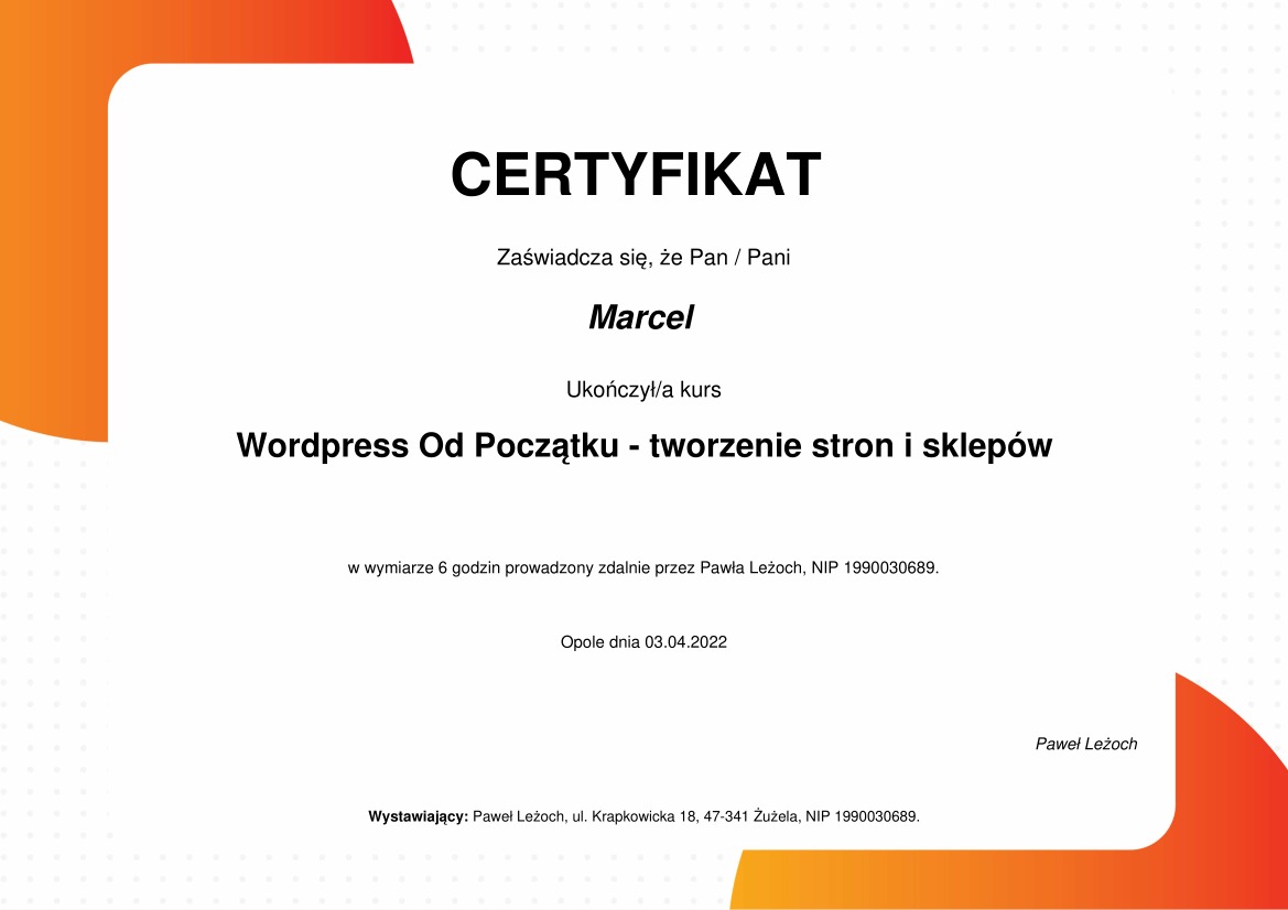 Certyfikat odbycia szkolenia