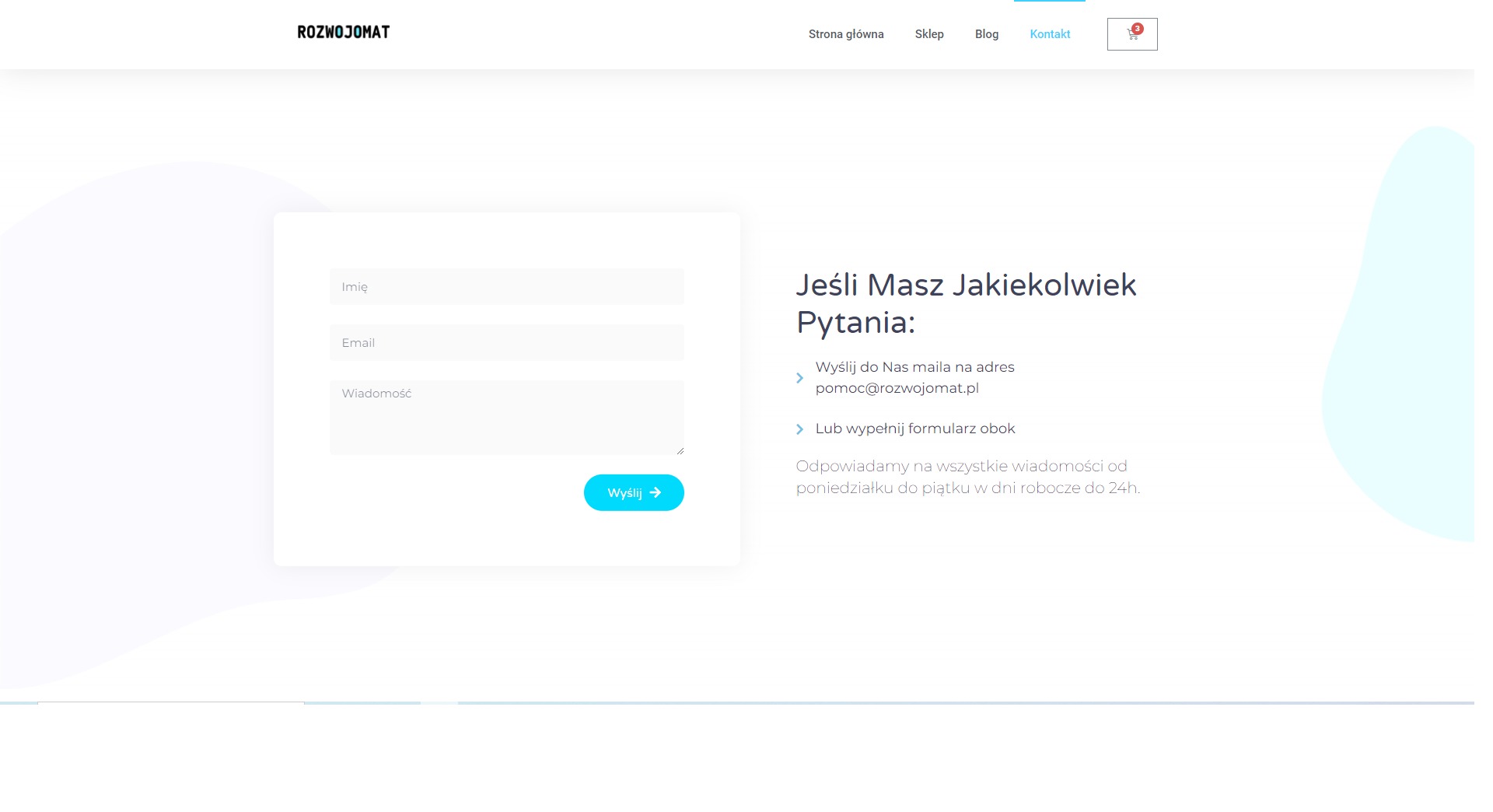 Formularz kontaktowy na stronie internetowej z polami Imię, Email, Wiadomość oraz przyciskiem Wyślij, obok sekcja z informacjami kontaktowymi i adresem email.