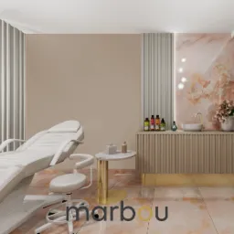 Wizualizacja salonu kosmetycznego z białym fotelem do zabiegów, umywalką z armaturą w kolorze złota i marmurowymi akcentami na ścianach i podłodze.