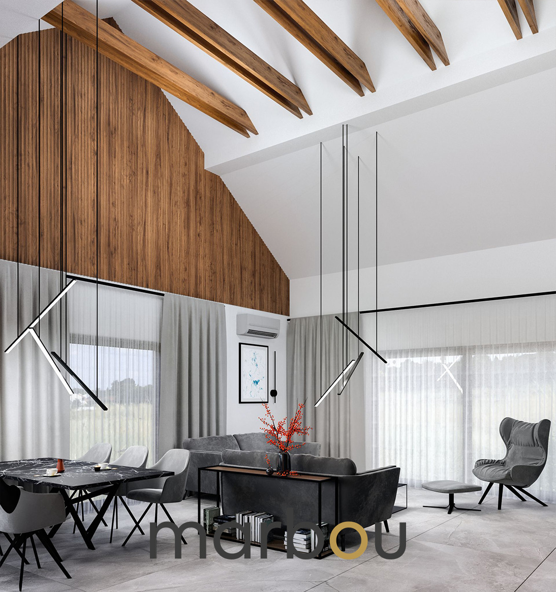 Wnętrze domu wypoczynkowego na Mazurach: przestronny salon z drewnianą ścianą, skośnym sufitem z belkami, nowoczesnym oświetleniem liniowym, marmurowym stołem i szarymi meblami.