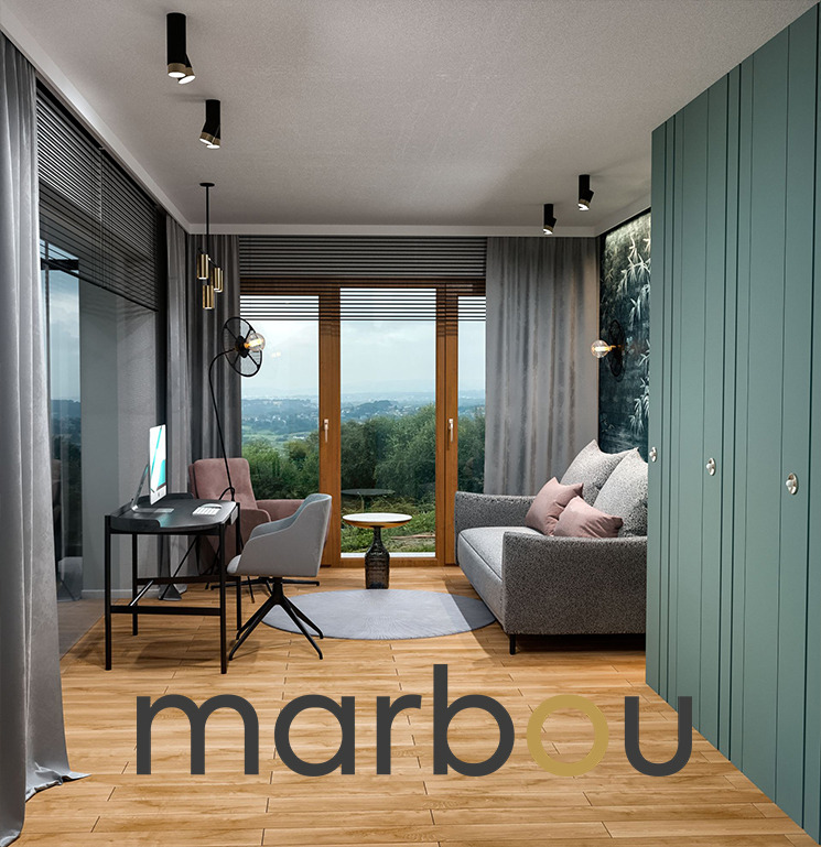 Wizualizacja gabinetu z przeszklonym ogrodem zimowym w tle, nowoczesne biurko z komputerem, szara sofa z poduszkami, okrągły dywan, drewniana podłoga, zielona szafa w pionowe pasy i widok na zieleń...