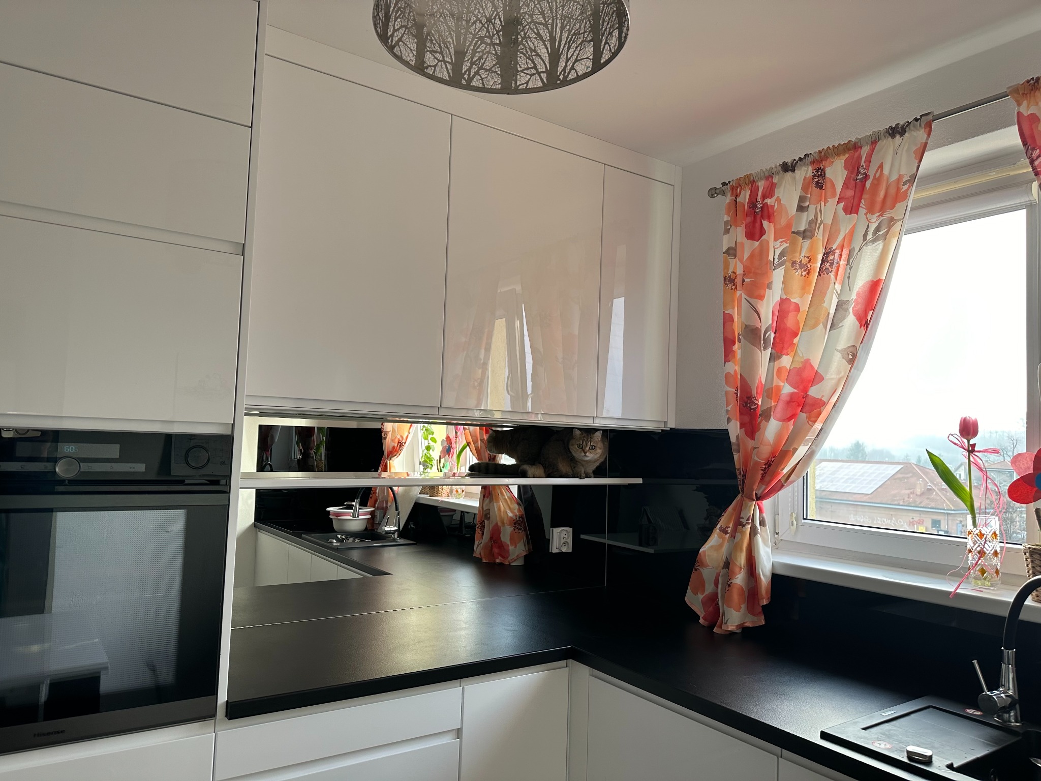 Biała, nowoczesna kuchnia z czarnym blatem i błyszczącymi szafkami. W lustrzanej przestrzeni między szafkami siedzi kot. Okno z zasłonką w kwiaty i wazonem z tulipanem.