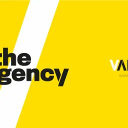Żółto-białe tło z czarnym napisem 'the agency' po lewej i logo 'VALKEA' z adresem strony po prawej.