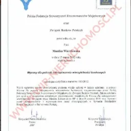 Skan certyfikatu ukończenia egzaminu z wyceny dla potrzeb zabezpieczenia wierzytelności bankowych, wydanego przez Polską Federację Stowarzyszeń Rzeczoznawców Majątkowych i Związek Banków Polskich...