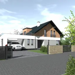 Wizualizacja nowoczesnego domu jednorodzinnego z garażem, białą elewacją i drewnianą górną częścią, z podjazdem z kostki brukowej i ogrodzeniem.