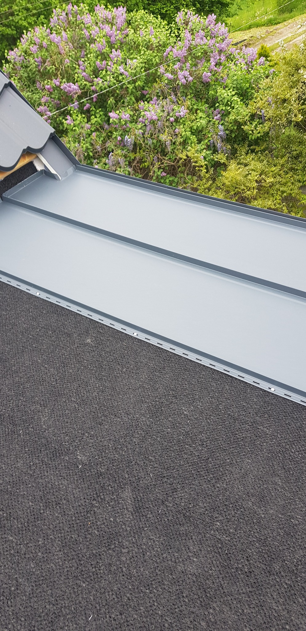 Szary, blaszany dach z widocznym fragmentem podbitki i bujną roślinnością w tle.