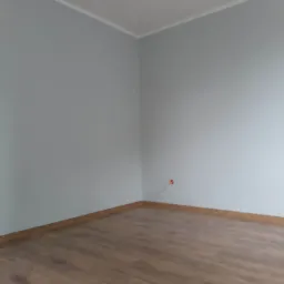 Pomalowane na szaro ściany w pustym pokoju z panelami podłogowymi, widoczne listwy przypodłogowe i wystający kabel elektryczny ze ściany.
