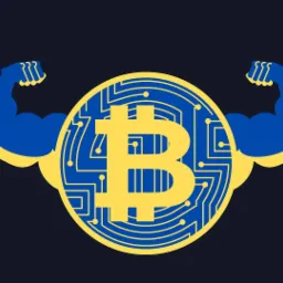 Żółty symbol Bitcoina w niebieskim obwodzie elektrycznym, z niebiesko-żółtymi muskularnymi ramionami po bokach na ciemnym tle.