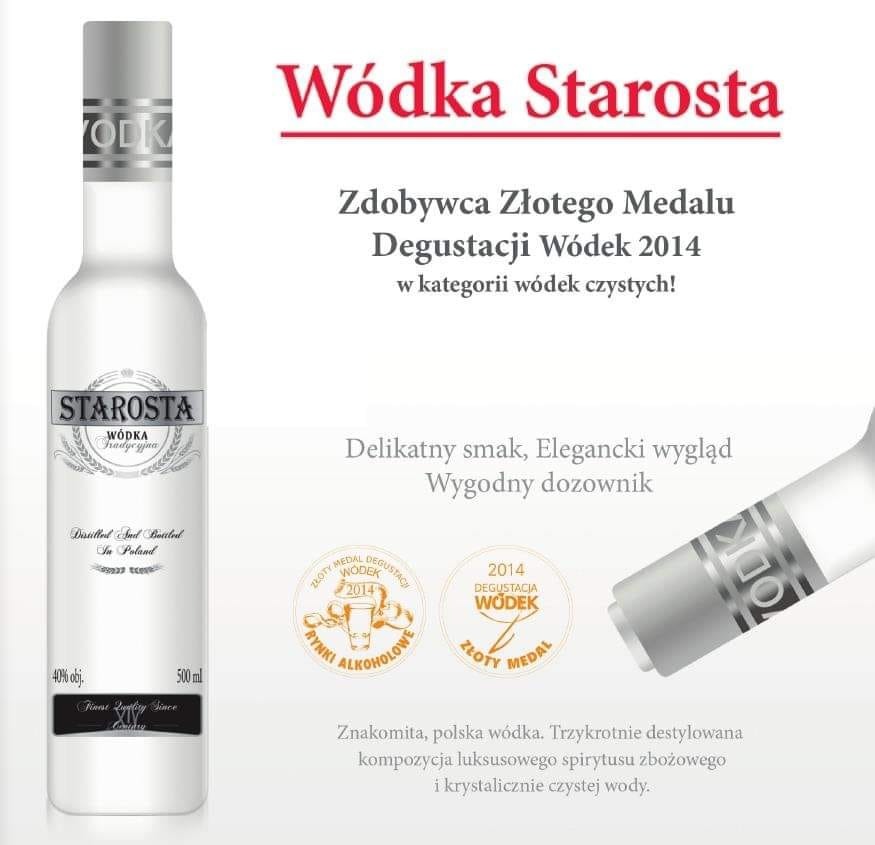 Butelka wódki Starosta z informacją o zdobyciu złotego medalu na degustacji wódek w 2014 roku, prezentowana na jasnym tle.