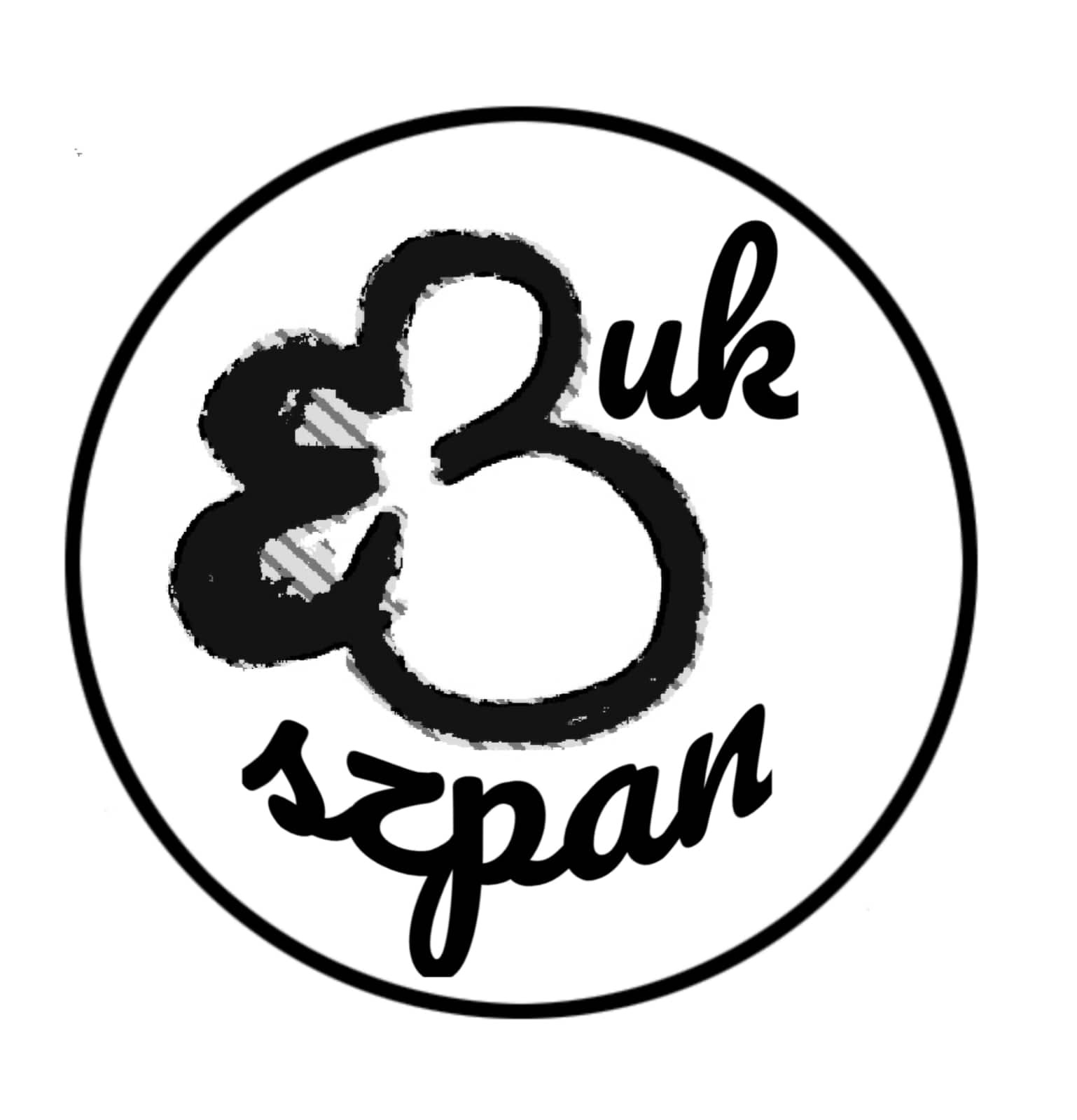 Czarno-białe logo firmy z abstrakcyjnym symbolem i napisem 'uk szpan' w okręgu.