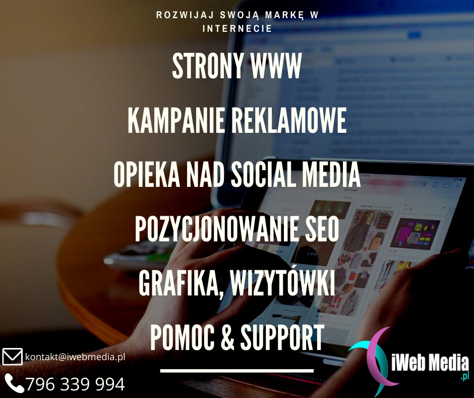 Osoba korzysta z tabletu, na ekranie którego widoczna jest strona internetowa z ofertą usług. W tle widoczny ekran laptopa. Na pierwszym planie hasła reklamowe i logo firmy.