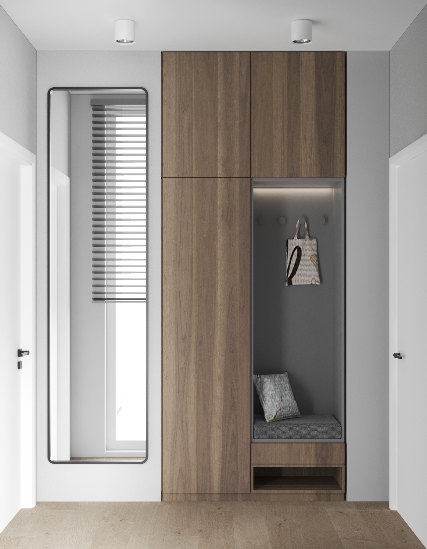 Nowoczesny przedpokój z drewnianą zabudową, siedziskiem z poduszką i lustrem w czarnej ramie, minimalistyczne oświetlenie sufitowe.