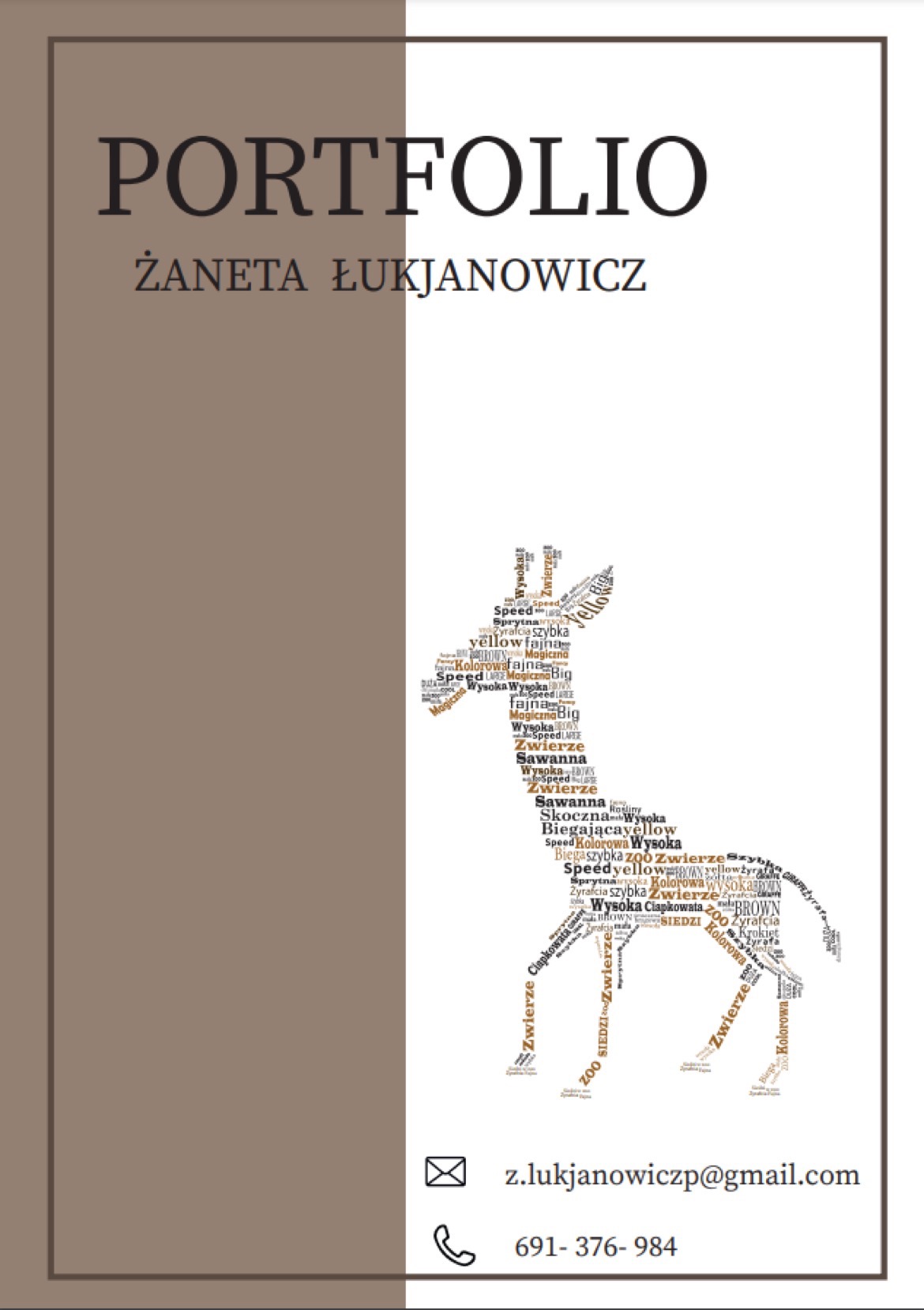 Okładka portfolio graficznego Żanety Łukjanowicz z ilustracją żyrafy utworzonej ze słów związanych ze zwierzętami i safari, z danymi kontaktowymi na dole.