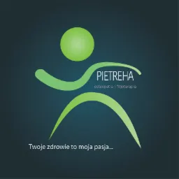 Graficzne logo firmy Pietreha z zielonym symbolem człowieka w ruchu i napisem 'osteopatia i fizjoterapia' na ciemnym tle z hasłem 'Twoje zdrowie to moja pasja...'