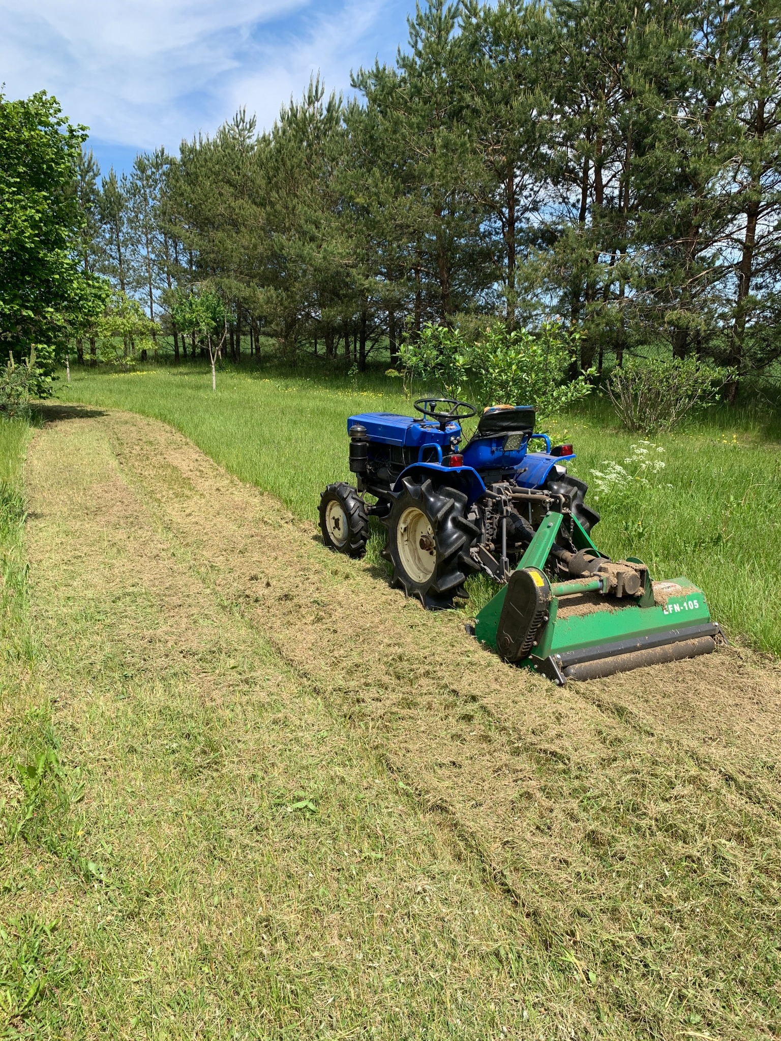 Niebieski traktor z zielonym mulczerem LFN-105 kosi trawę na łące, widoczny pas świeżo skoszonej trawy, w tle drzewa i błękitne niebo.